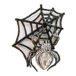 Spider Web Drop Pin Brooch Austrian Rhinestone Crystal Black Halloween 
