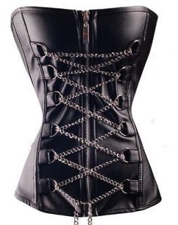 Black Faux Leather Overbust Chain Lace Up Bustier Corset XL