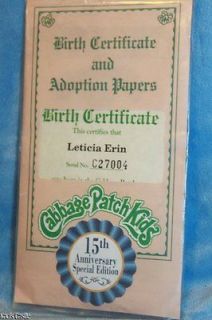 Cabbage Patch Kids 15th Anniversary Birth Certificate Lecticia Erin 3 