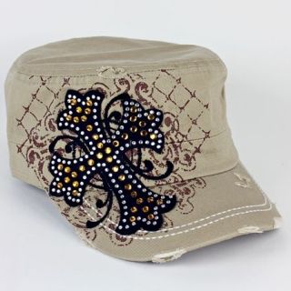 HOT! Khaki Color Cross Distressed Rhinestone Vintage Cadet Cap Hat