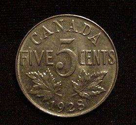 CANADA 1928 FIVE 5 cent nickel CANADIAN coin King George V EF