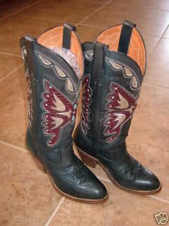 VINTAGE MISS CAPEZIO NAVY BUTTERFLY INLAY LEATHER WOMENS COWBOY BOOTS 