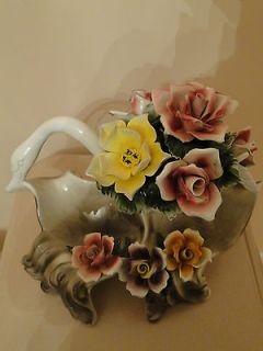 Large Capodimonte Swan Vase Roses Flowers 16 W by 12 Tall Made in 