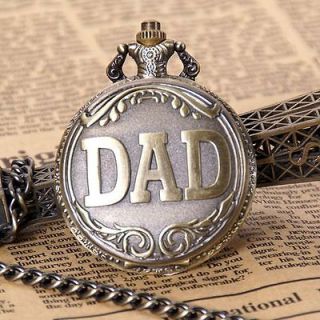   DAD Carved Case Antique Style Gift FOB Quartz Pocket Watch /Chain