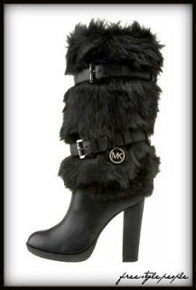 275 New MICHAEL Michael Kors Black CARLIE Leather Faux Fur Platform 