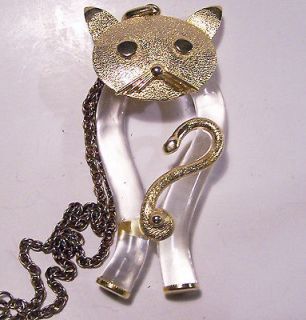 Vintage Lucite and Goldtone Cat Kitten Pendant on Rope Chain
