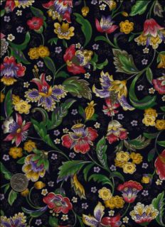 Jacobean Concert Print multi color on very drk navy blue Fabric by 