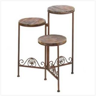 Rustic Wrought Iron and Wood Folding Three Tiered Plant Stand