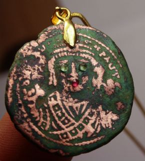 Ancient Byzantine cup coin pendant Christ biblical EMERALD RUBY $385 