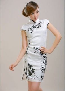 White Chinese Womens cotton embroidery Mini Dress CheongSam SZ 6 8 