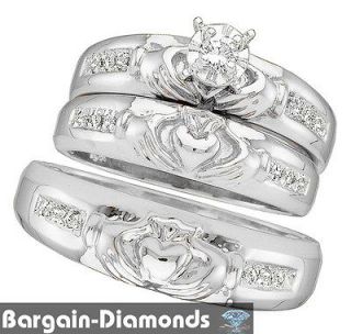 claddagh diamond 3 ring .12 carat wedding bridal set groom heart crown 