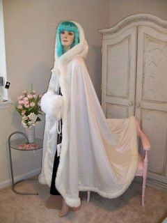 Winter Bridal Cape Wedding Cloak IVORY Satin & Faux Fur Trim LONG 