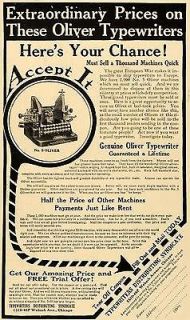 1916 Ad Antique Oliver Typewriters Model No. 5 WWI   ORIGINAL 