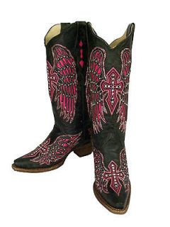 Corral Boots Ladies Black and Pink Wing & Cross with Studs A1049 Free 