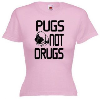 NEW~ PUGS NOT DRUGS CUTE LADIES TSHIRT RUSSELL HOWARD INSPIRED FUNNY 