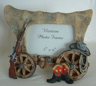 COWBOY Picture FRAME Boots CONESTOGA Chuck WAGON Hat RIFLE Horn 