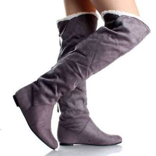 Gray Suede Faux Shearling Designer Casual Womens Flat Thigh High Boots 