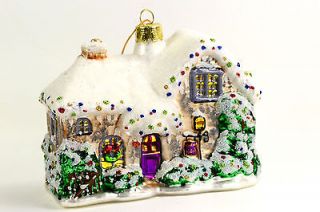 Thomas Kinkade 4 Blown Glass Cottage Christmas Ornament NEW