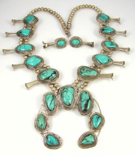   Silver Turquoise SIGNED Squash Blossom Necklace Earrings Set  J