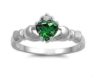 Silver Claddagh Ring with Emerald CZ   Available in Sizes 4 5 6 7 8 9 