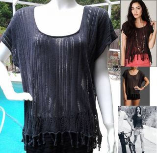 FREE PEOPLE Borderline fringe knit pullover sexy sweater top charcoal 