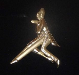 Vintage Gold Tone Dancing Couple Brooch With Rhinestone