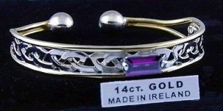 14K White Gold Sterling Silver Amethyst Celtic Bangle Bracelet Irish 