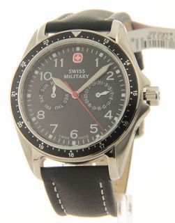  Watch Mens Black Leather 2 Eyes Day Date 24hr Military Time 72115
