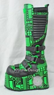 Demonia Techno 856 goth cyber UV reactive black lime circuit boots 