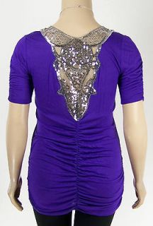X48~SEXY PURPLE SILVER SEQUIN DESIGN BACK RUCHED SOFT Top Plus Size 3X 