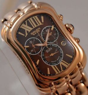 New Rare Mens Gruen Swiss Chronograph Rose Gold Brown Dial Watch
