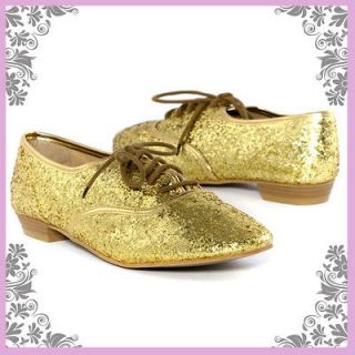 Wild Rose Lady Gold Glitter Lace Up Classic Loafers Oxford Flats Shoes 
