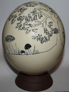 Ostrich Egg Hand carved and inked with Mushroom/Fungi & Tree design 