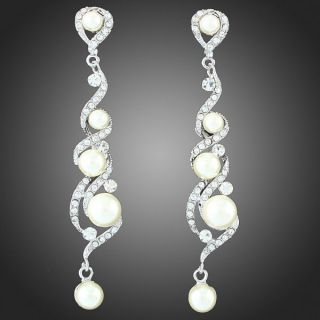 Spiral Pearl Clear Stone Wedding Earring Swarovski Crystal 18K 