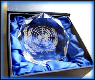 United Nations Logo Engraver on Giant Diamond Crystal Paperweight