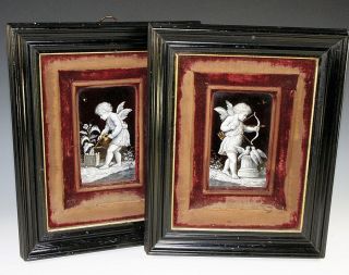   Antique Limoges Enamel Plaques, Ebony Frames, French Kiln Fired Enml