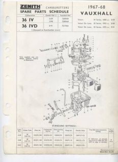 1967 68 VAUXHALL VICTOR ZENITH CARB SPARES SCHEDULE