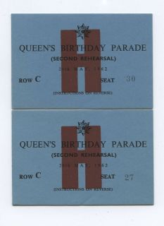 Old 1962 Queen Elizabeth Queens Birthday Parade Tickets