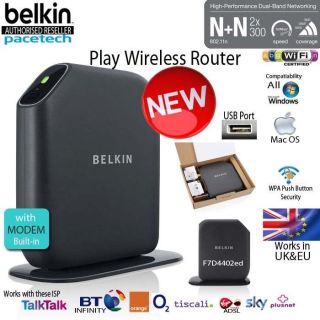 Belkin Play N600 Dual Band wirless modem router 300Mbps F7D4402 For BT 