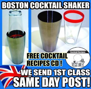 BOSTON COCKTAIL SHAKER   STAINLESS STEEL CAN & 16oz GLASS +Free Recipe 