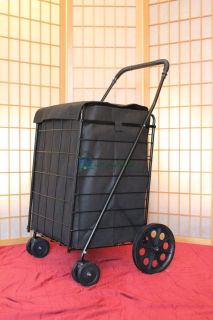 Black Large Folding Shopping Cart w Black Liner Swivel Rotating Wheels 