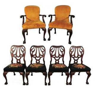 Set of 6 Antique George II Chippendale Style Carved Solid Mahogany 