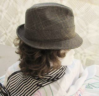 Vintage Mens Gray Plaid Fedora Style Hat Button & Feather on Band 