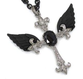 New Gothic Fleur De Lis Cross Black Faux Stone Wings Large Pendant 