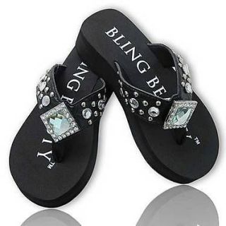   Beauty Rhinestone Black Crystal Jewel Western Wedge Sandals Flip Flops
