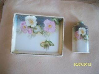 Antique talc powder bottle and matching tray