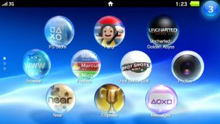 Close up view of the PlayStation Vita screen showing menu and 3G 