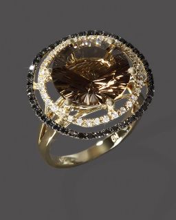Diamond, Black Diamond And Smoky Quartz Ring In 14K Yellow Gold 