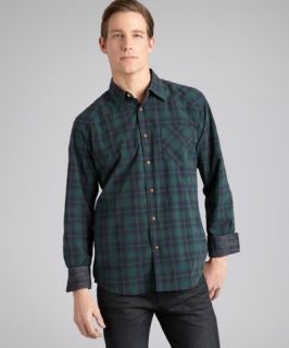 Shirt by Shirt blue and green plaid cotton snap front shirt
