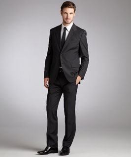 Prada grey micro plaid wool two button suit with flat front pants